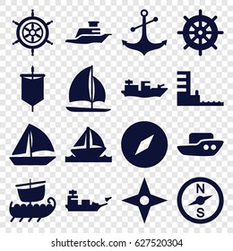 set of 16 nautical filled icons such as boat, helm, sailboat, anchor, ship, harbor, compass, sail