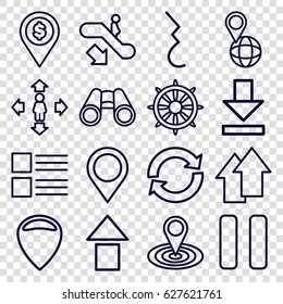 Set of 16 navigation outline icons such as escalator down, man move, map location, pin on globe, helm, binoculars, pause, download, arrow up, menu