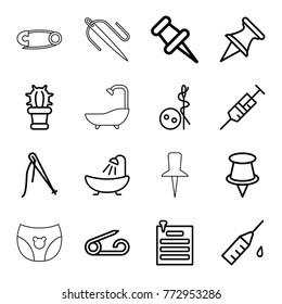Set of 16 needle outline icons such as pin, needle button, shower, sewing, syringe, injection rash, cactus, paper pin