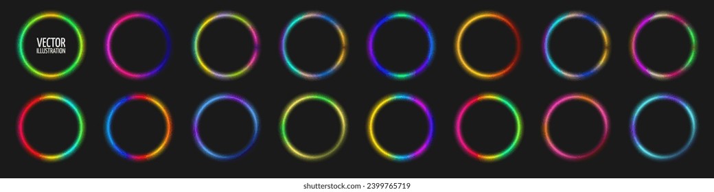 Conjunto de 16 Anillos de Neón con efecto transparente gradiente. Marcos multicolores de anillo brillante. Bordes de círculo iluminados. Ilustración de vectores editable. EPS 10.