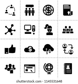 Set of 16 network filled icons such as dollar cloud, sertificate, communication, contact book, group, computer, social network, like, browser, money cloud, group of people