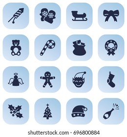 Set Of 16 New Icons Set.Collection Of Mitten, Archangel, Christmas Wreath And Other Elements.