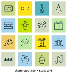 Set Of 16 New Year Icons. Can Be Used For Web, Mobile, UI And Infographic Design. Includes Elements Such As Firework, Schedule, Christmas And More.