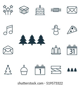 Set Of 16 New Year Icons. Can Be Used For Web, Mobile, UI And Infographic Design. Includes Elements Such As Music, Greeting, Muffin And More.