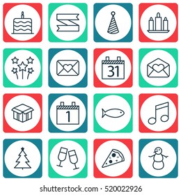 Set Of 16 New Year Icons. Can Be Used For Web, Mobile, UI And Infographic Design. Includes Elements Such As Hat, Close, Aquatic And More.