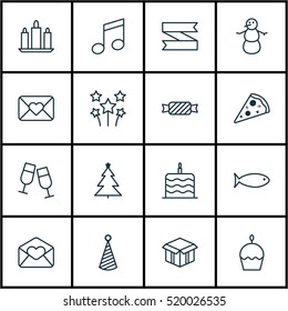 Set Of 16 New Year Icons. Can Be Used For Web, Mobile, UI And Infographic Design. Includes Elements Such As Festive, Candle, Ribbon And More.