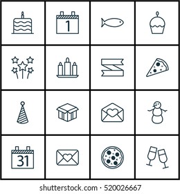 Set Of 16 New Year Icons. Can Be Used For Web, Mobile, UI And Infographic Design. Includes Elements Such As Candle, Email, Open And More.