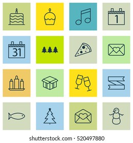Set Of 16 New Year Icons. Can Be Used For Web, Mobile, UI And Infographic Design. Includes Elements Such As Clink, Love, Greeting And More.