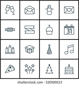Set Of 16 New Year Icons. Can Be Used For Web, Mobile, UI And Infographic Design. Includes Elements Such As Candy, Tree, Open And More.