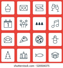 Set Of 16 New Year Icons. Can Be Used For Web, Mobile, UI And Infographic Design. Includes Elements Such As Agenda, Calendar, Candle And More.