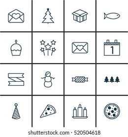 Set Of 16 New Year Icons. Can Be Used For Web, Mobile, UI And Infographic Design. Includes Elements Such As Fish, Box, Aquatic And More.