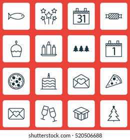 Set Of 16 New Year Icons. Can Be Used For Web, Mobile, UI And Infographic Design. Includes Elements Such As Fish, Date, Open And More.
