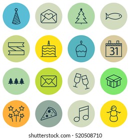 Set Of 16 New Year Icons. Can Be Used For Web, Mobile, UI And Infographic Design. Includes Elements Such As Cake, Xmas, Winter And More.