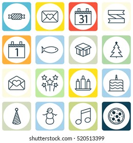 Set Of 16 New Year Icons. Can Be Used For Web, Mobile, UI And Infographic Design. Includes Elements Such As Email, Firework, Ribbon And More.