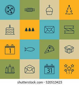 Set Of 16 New Year Icons. Can Be Used For Web, Mobile, UI And Infographic Design. Includes Elements Such As Open, Candle, Love And More.