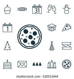 Set Of 16 New Year Icons. Can Be Used For Web, Mobile, UI And Infographic Design. Includes Elements Such As Slice, Clink, Box And More.