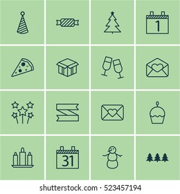 Set Of 16 New Year Icons. Can Be Used For Web, Mobile, UI And Infographic Design. Includes Elements Such As Snowman, Flame, Pizza And More.