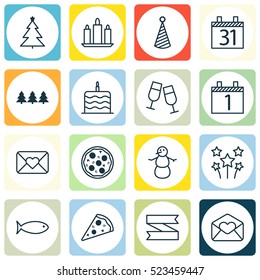 Set Of 16 New Year Icons. Can Be Used For Web, Mobile, UI And Infographic Design. Includes Elements Such As Celebrate, Fish, Glasses And More.