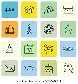 Set Of 16 New Year Icons. Can Be Used For Web, Mobile, UI And Infographic Design. Includes Elements Such As Glasses, Party, Celebrating And More.