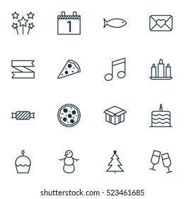 Set Of 16 New Year Icons. Can Be Used For Web, Mobile, UI And Infographic Design. Includes Elements Such As Blank, Music, Piece And More.