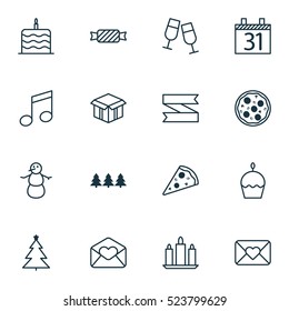 Set Of 16 New Year Icons. Can Be Used For Web, Mobile, UI And Infographic Design. Includes Elements Such As Snowman, Celebration, Open And More.