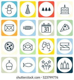 Set Of 16 New Year Icons. Can Be Used For Web, Mobile, UI And Infographic Design. Includes Elements Such As Fish, Ribbon, Cake And More.