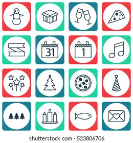 Set Of 16 New Year Icons. Can Be Used For Web, Mobile, UI And Infographic Design. Includes Elements Such As Xmas, Tree, Envelope And More.