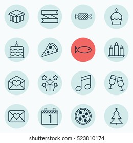 Set Of 16 New Year Icons. Can Be Used For Web, Mobile, UI And Infographic Design. Includes Elements Such As Clink, Meal, Aquatic And More.