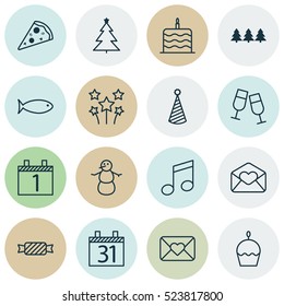 Set Of 16 New Year Icons. Can Be Used For Web, Mobile, UI And Infographic Design. Includes Elements Such As Celebration, Celebrating, Cake And More.