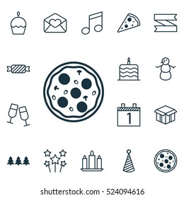 Set Of 16 New Year Icons. Can Be Used For Web, Mobile, UI And Infographic Design. Includes Elements Such As Sweet, Celebration, Piece And More.