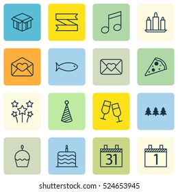 Set Of 16 New Year Icons. Can Be Used For Web, Mobile, UI And Infographic Design. Includes Elements Such As Close, Box, Xmas And More.