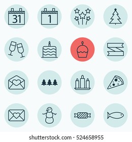 Set Of 16 New Year Icons. Can Be Used For Web, Mobile, UI And Infographic Design. Includes Elements Such As Blank, Candle, Date And More.