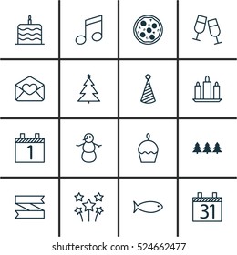 Set Of 16 New Year Icons. Can Be Used For Web, Mobile, UI And Infographic Design. Includes Elements Such As Month, Clink, Banner And More.