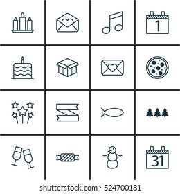 Set Of 16 New Year Icons. Can Be Used For Web, Mobile, UI And Infographic Design. Includes Elements Such As Schedule, Agenda, Birthday And More.