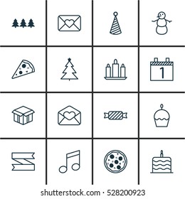 Set Of 16 New Year Icons. Can Be Used For Web, Mobile, UI And Infographic Design. Includes Elements Such As Open Cardboard, Greeting Email, Sweet And More.