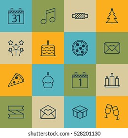 Set Of 16 New Year Icons. Can Be Used For Web, Mobile, UI And Infographic Design. Includes Elements Such As Open Cardboard, Decorated Tree, Celebration Cake And More.