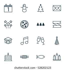 Set Of 16 New Year Icons. Can Be Used For Web, Mobile, UI And Infographic Design. Includes Elements Such As Sweet, Holiday Ornament, Celebration Letter And More.