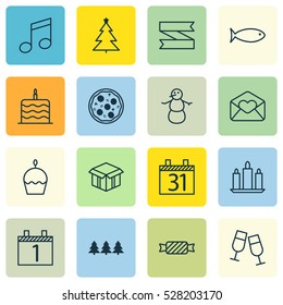 Set Of 16 New Year Icons. Can Be Used For Web, Mobile, UI And Infographic Design. Includes Elements Such As Champagne Glasses, Fishing, Holiday Ornament And More.