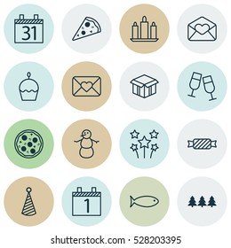 Set Of 16 New Year Icons. Can Be Used For Web, Mobile, UI And Infographic Design. Includes Elements Such As Wax, Holiday Ornament, Birthday Hat And More.