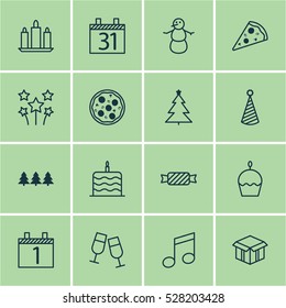 Set Of 16 New Year Icons. Can Be Used For Web, Mobile, UI And Infographic Design. Includes Elements Such As Sliced Pizza, Holiday Ornament, Wax And More.