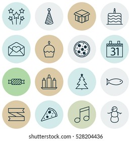 Set Of 16 New Year Icons. Can Be Used For Web, Mobile, UI And Infographic Design. Includes Elements Such As Celebration Cake, Pizza Meal, Blank Ribbon And More.