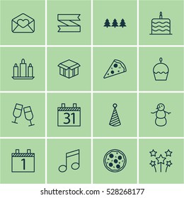 Set Of 16 New Year Icons. Can Be Used For Web, Mobile, UI And Infographic Design. Includes Elements Such As Greeting Email, Blank Ribbon, Birthday Cake And More.