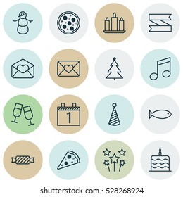 Set Of 16 New Year Icons. Can Be Used For Web, Mobile, UI And Infographic Design. Includes Elements Such As Fishing, Festive Fireworks, Sweet And More.