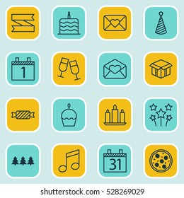 Set Of 16 New Year Icons. Can Be Used For Web, Mobile, UI And Infographic Design. Includes Elements Such As Celebration Letter, Wax, Date And More.