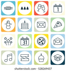 Set Of 16 New Year Icons. Can Be Used For Web, Mobile, UI And Infographic Design. Includes Elements Such As Birthday Cake, Celebration Cake, Champagne Glasses And More.