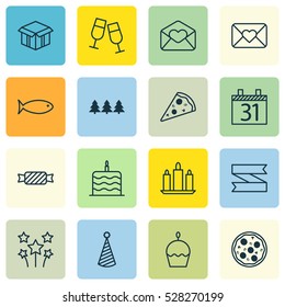 Set Of 16 New Year Icons. Can Be Used For Web, Mobile, UI And Infographic Design. Includes Elements Such As Blank Ribbon, Festive Fireworks, Greeting Email And More.