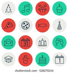 Set Of 16 New Year Icons. Can Be Used For Web, Mobile, UI And Infographic Design. Includes Elements Such As Sliced Pizza, Celebration Cake, Fishing And More.