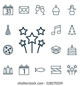 Set Of 16 New Year Icons. Can Be Used For Web, Mobile, UI And Infographic Design. Includes Elements Such As Pizza Meal, Date, Birthday Cake And More.