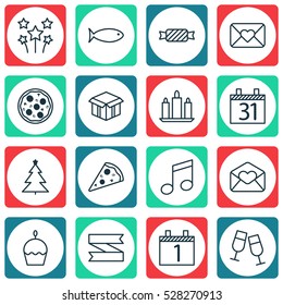 Set Of 16 New Year Icons. Can Be Used For Web, Mobile, UI And Infographic Design. Includes Elements Such As Birthday Cake, Festive Fireworks, Celebration Letter And More.