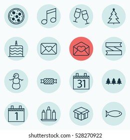 Set Of 16 New Year Icons. Can Be Used For Web, Mobile, UI And Infographic Design. Includes Elements Such As Sweet, Open Cardboard, Winter And More.